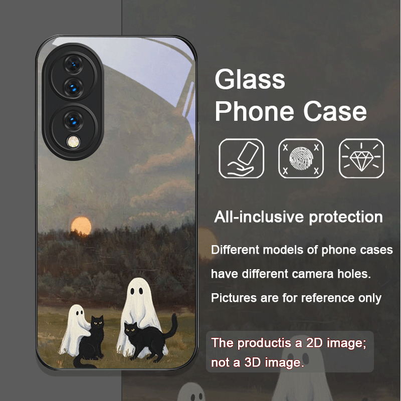 かわいい漫画の黒猫ゴースト柄強化ガラス製スマホケース Hua - Huawei Nova 12 のレビューと価格